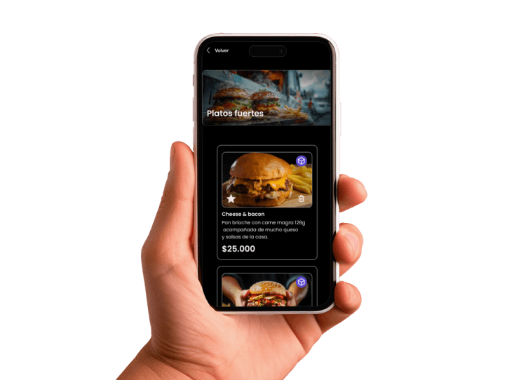 Mano sosteniendo un celular mostrando Menuuu.